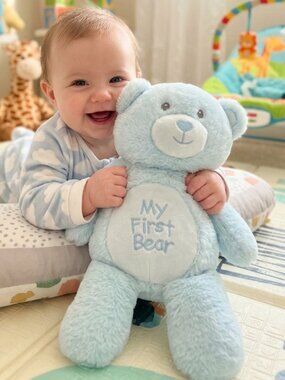 NWT Linzy Plush My First Teddy Bear 15" Blue Stuffed Animal Rattle Baby Toy